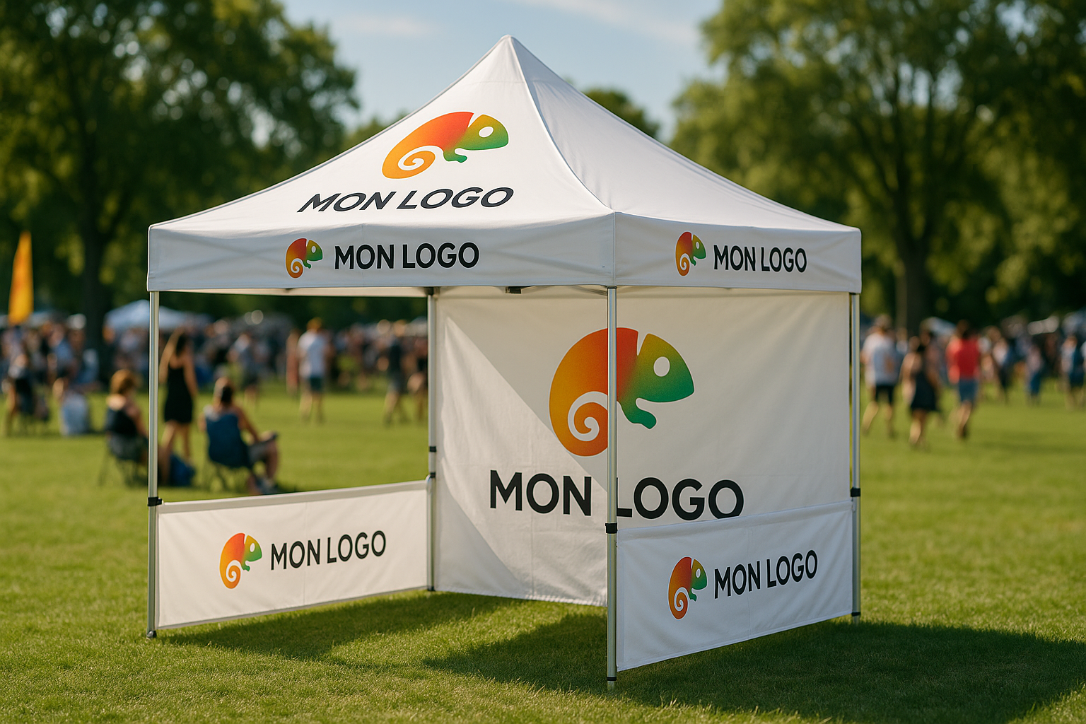 tente promotionnelle pop-up lors d'un événement estival en plein air dans un grand parc public